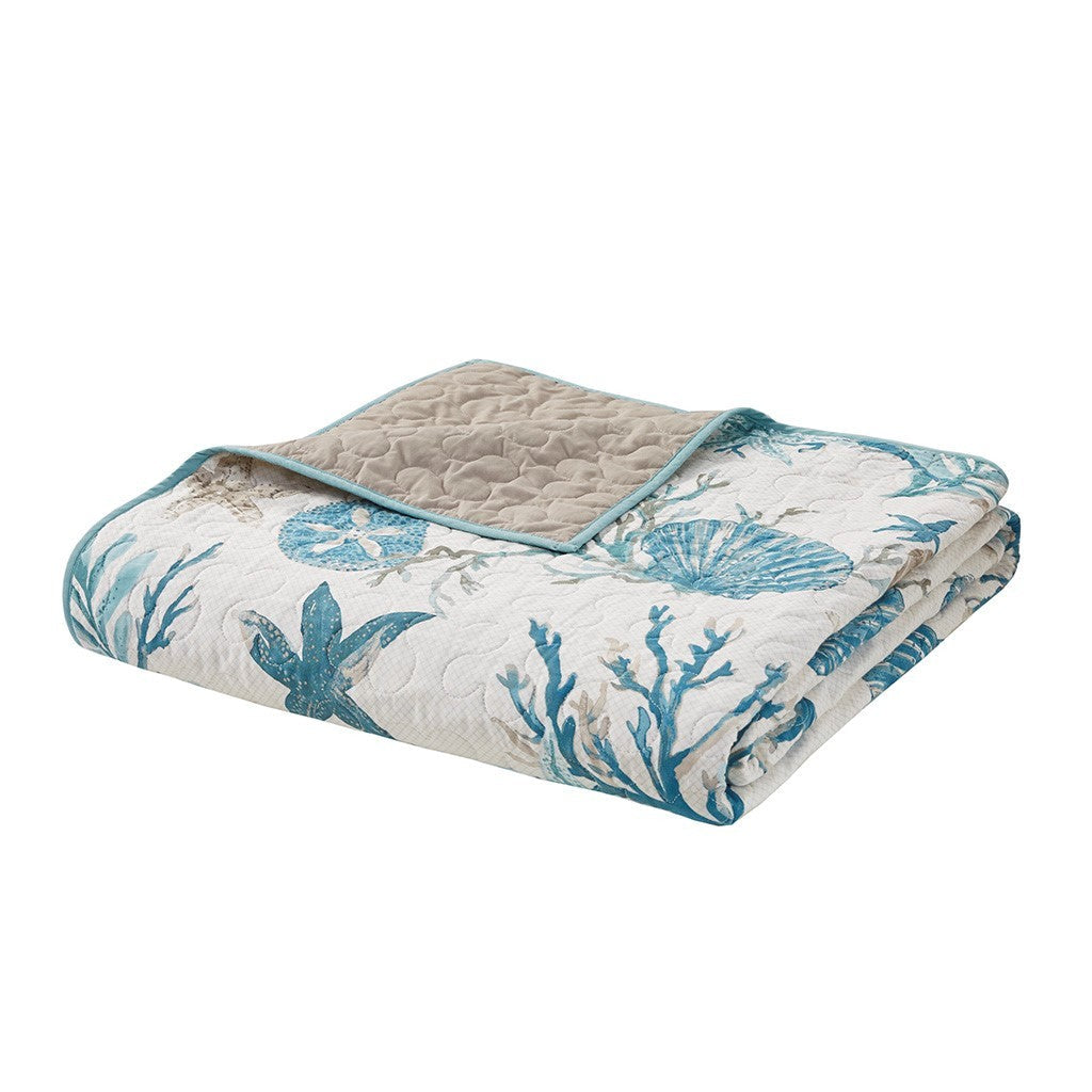 Quilt set aqua cotton sateen with coastal motifs, 6-piece Full/Queen on Tampa Home & Garden Store