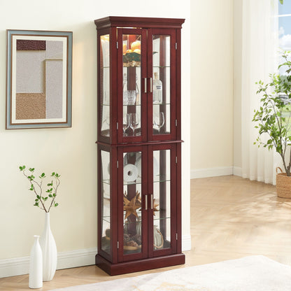 Lighted cherry curio cabinet with adjustable glass shelves, mirrored back, displays glassware on Tampa Home & Garden Store