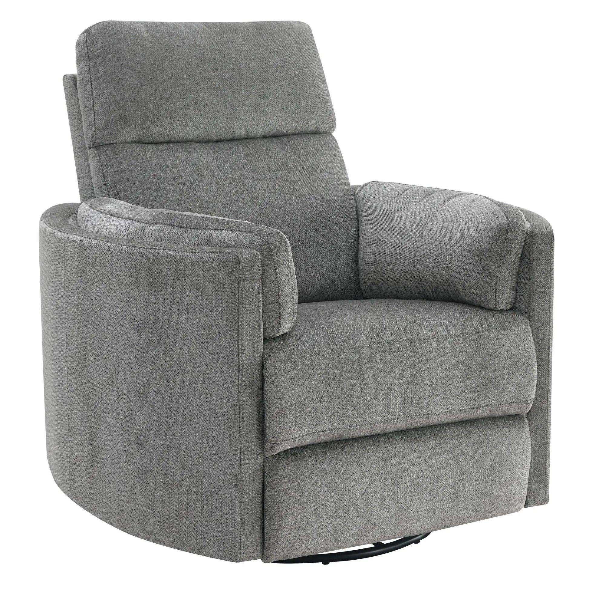 Sagen Glider Recliner with Swivel in gray fabric; cushioned back, rounded arms, swiveling base on Tampa Home & Garden Store