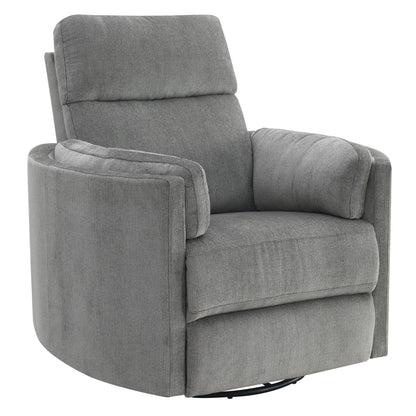 Sagen Glider Recliner with Swivel in gray fabric; cushioned back, rounded arms, swiveling base on Tampa Home & Garden Store