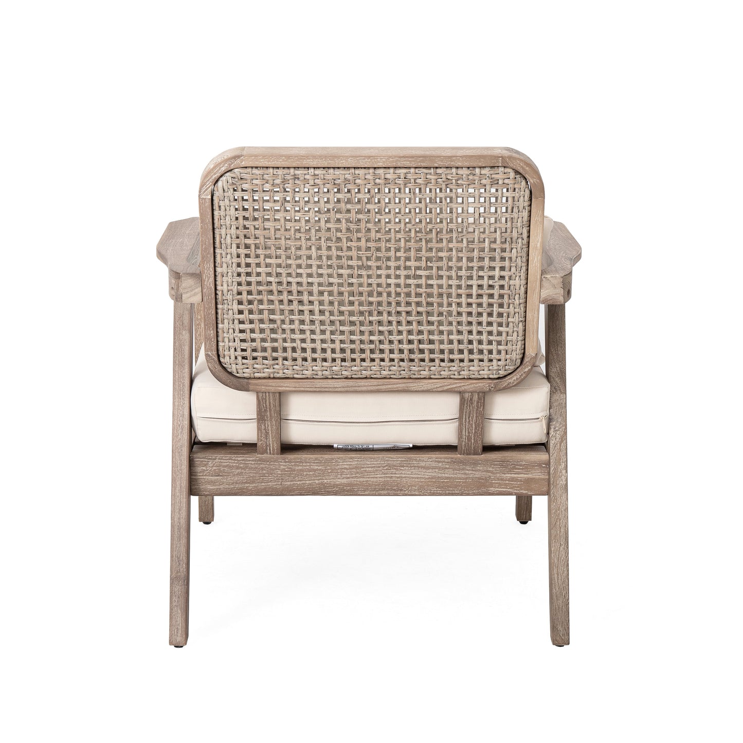Outdoor acacia wood patio club chair with woven rattan back in natural tan by HouseOfZazla on Tampa Home & Garden Store