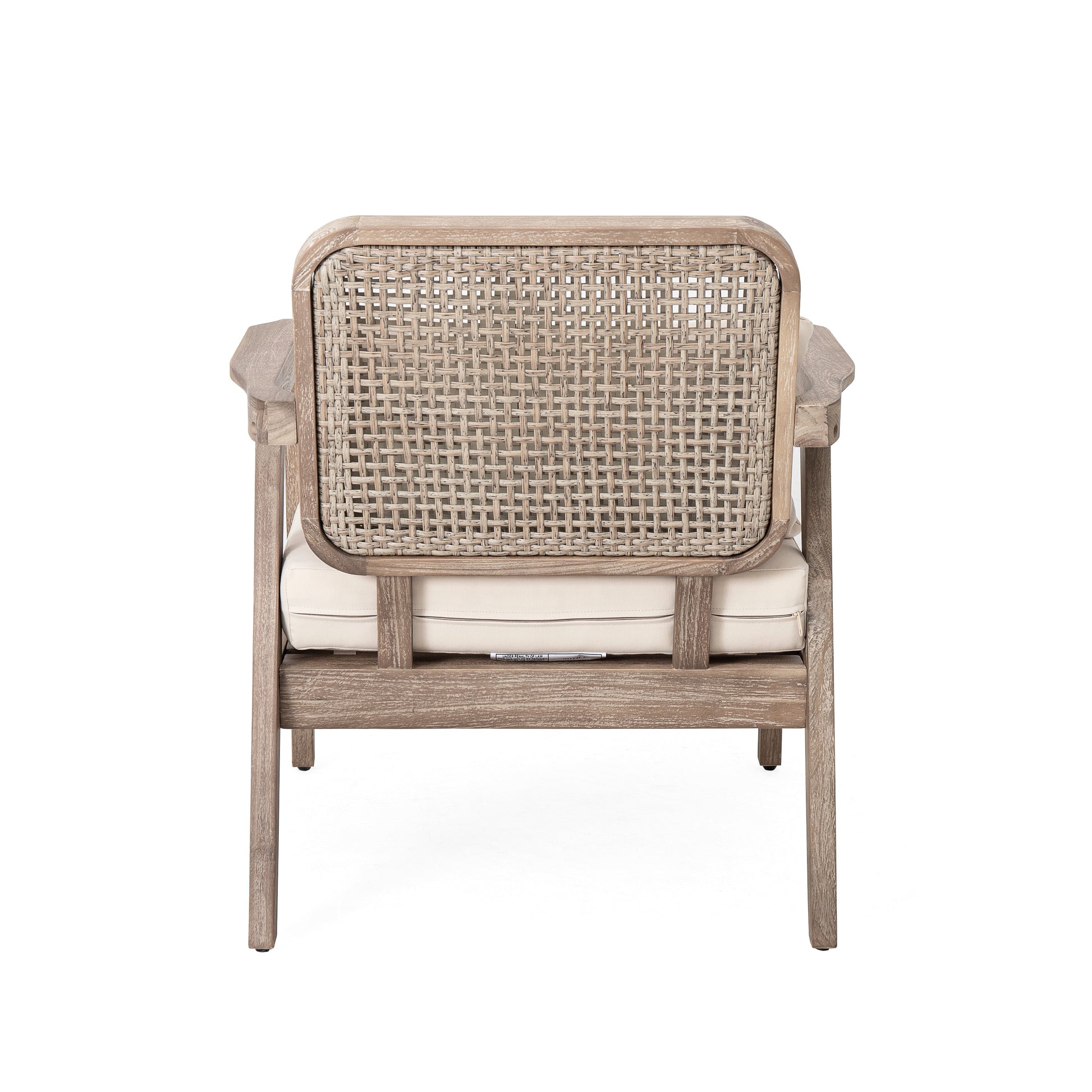 Outdoor acacia wood patio club chair with woven rattan back in natural tan by HouseOfZazla on Tampa Home & Garden Store
