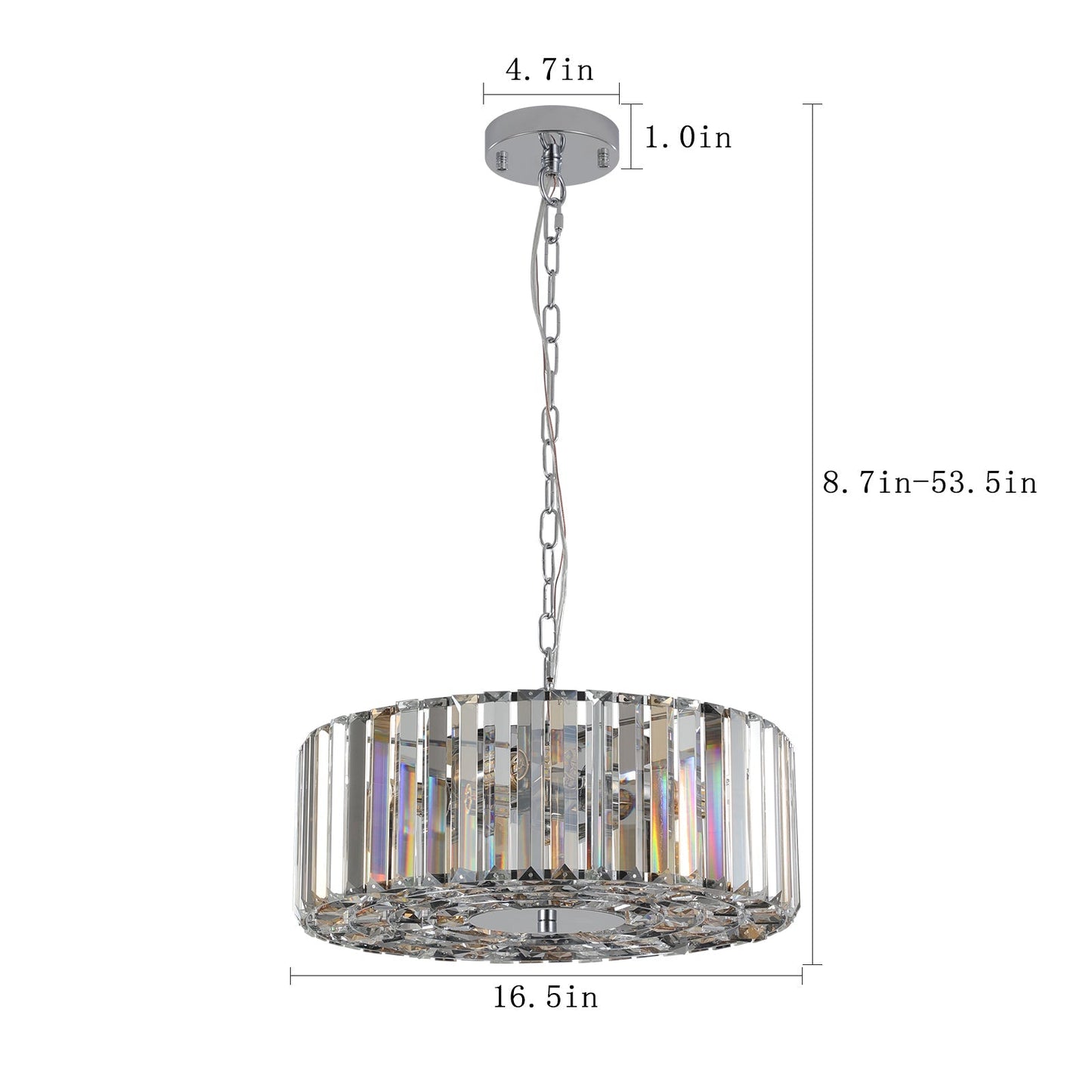 17' Chrome Crystal Pendant Chandelier with crystal prism drum shade suspended from chrome canopy on Tampa Home & Garden Store