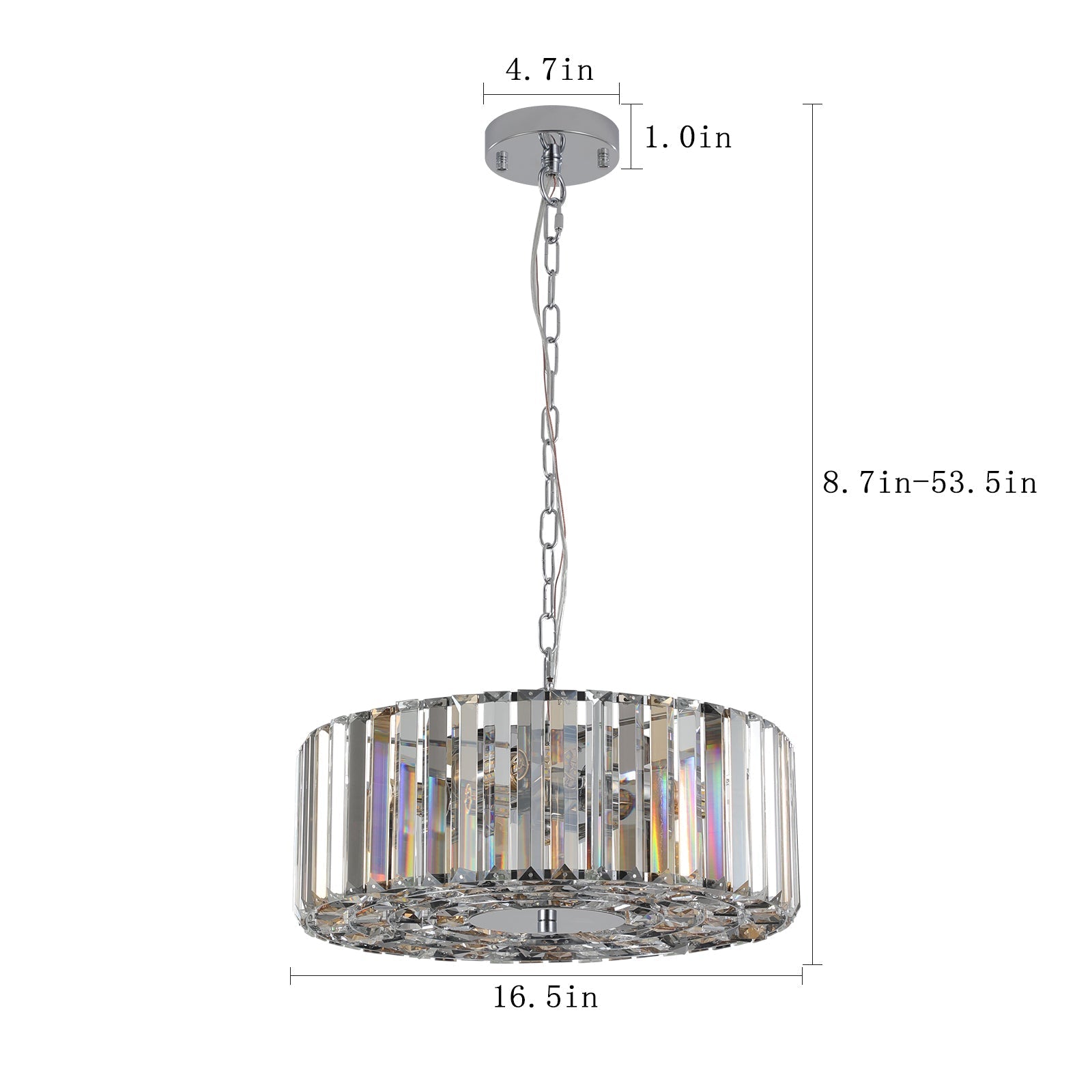 17' Chrome Crystal Pendant Chandelier with crystal prism drum shade suspended from chrome canopy on Tampa Home & Garden Store