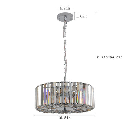 17' Chrome Crystal Pendant Chandelier with crystal prism drum shade suspended from chrome canopy on Tampa Home & Garden Store