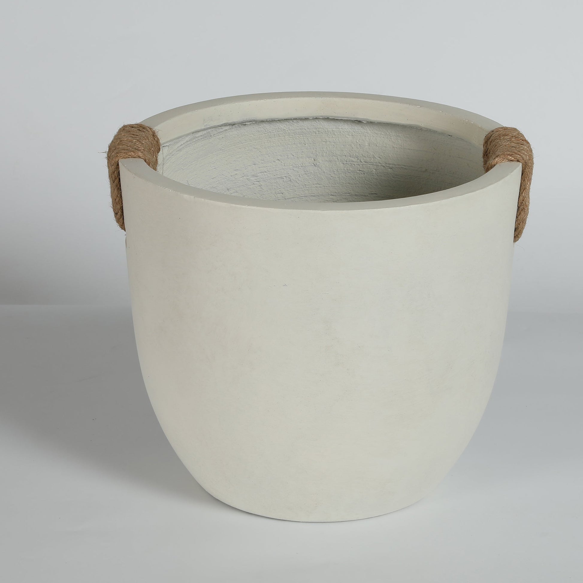 Round concrete planter set of 2, large handmade off-white pots with rope handles on Tampa Home & Garden Store