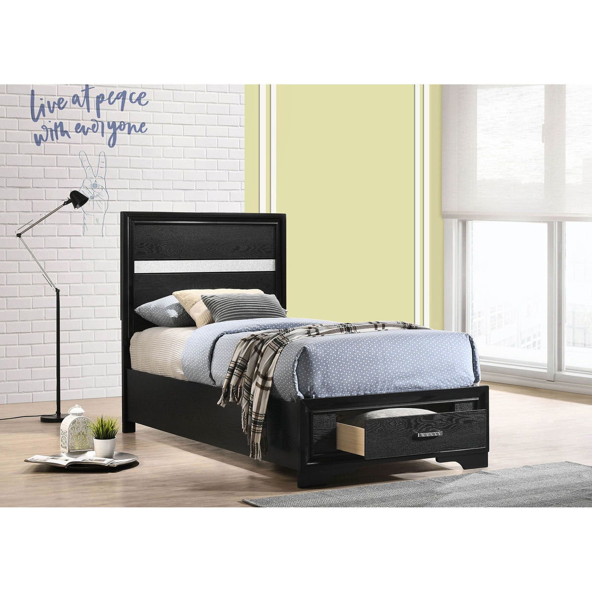 Urbana Storage Panel Bed by HouseOfZazla, black wood frame with two under-bed drawers on Tampa Home & Garden Store