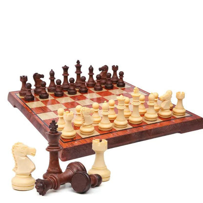 Magnetic chess set with brown and ivory pieces on an imitation solid wood board on Tampa Home & Garden Store
