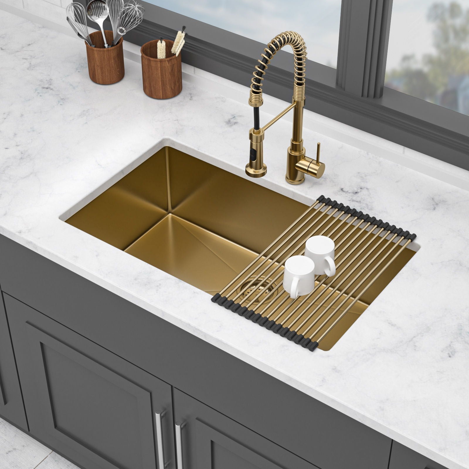 Undermount stainless steel sink 32x19 with gold interior and brass faucet on Tampa Home & Garden Store