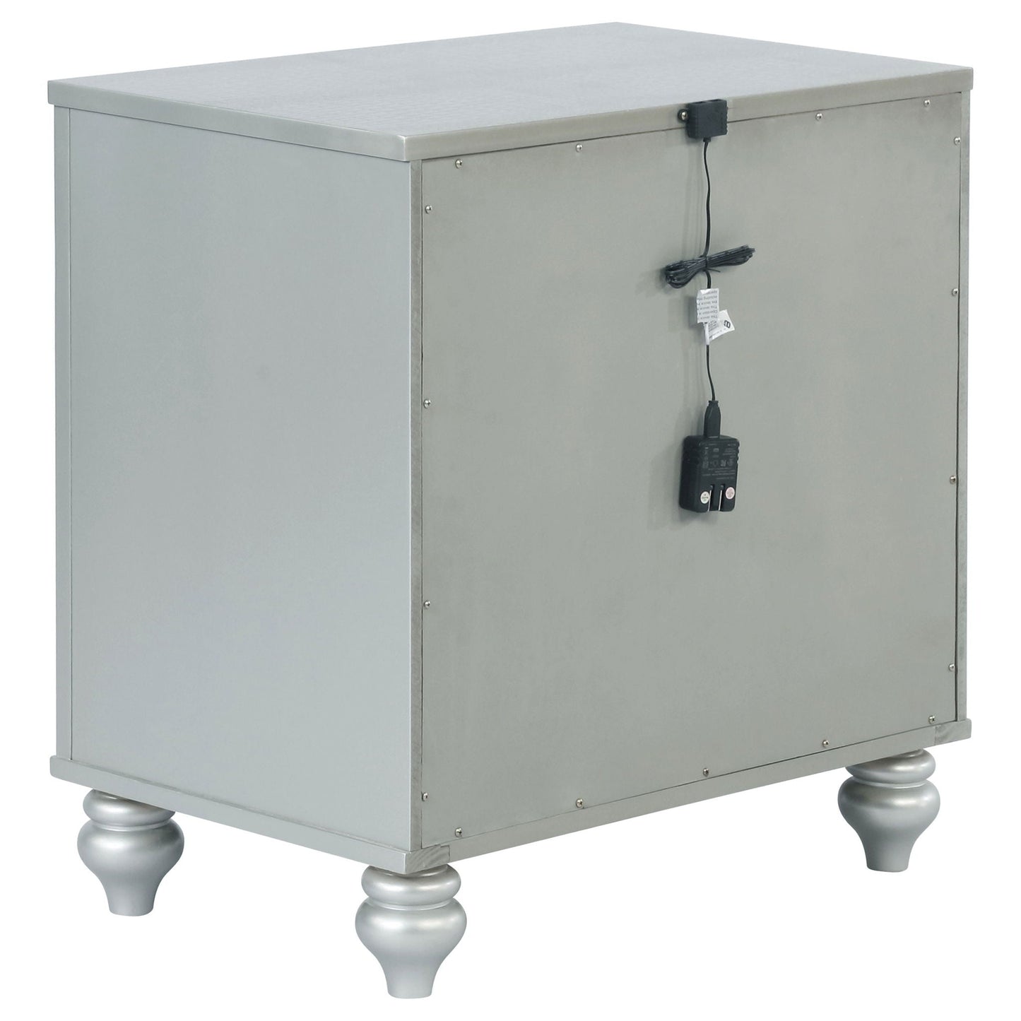 Arabesque 4 Piece Queen Bedroom Set silver metal storage chest with latch and power cord on Tampa Home & Garden Store