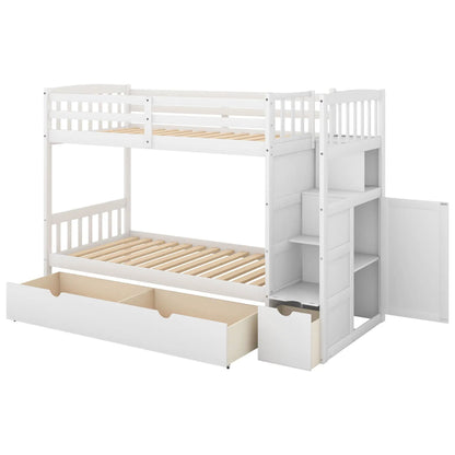 Bunk Bed Unique Piece Furniture white finish, convertible bottom bed with drawers and shelves on Tampa Home & Garden Store
