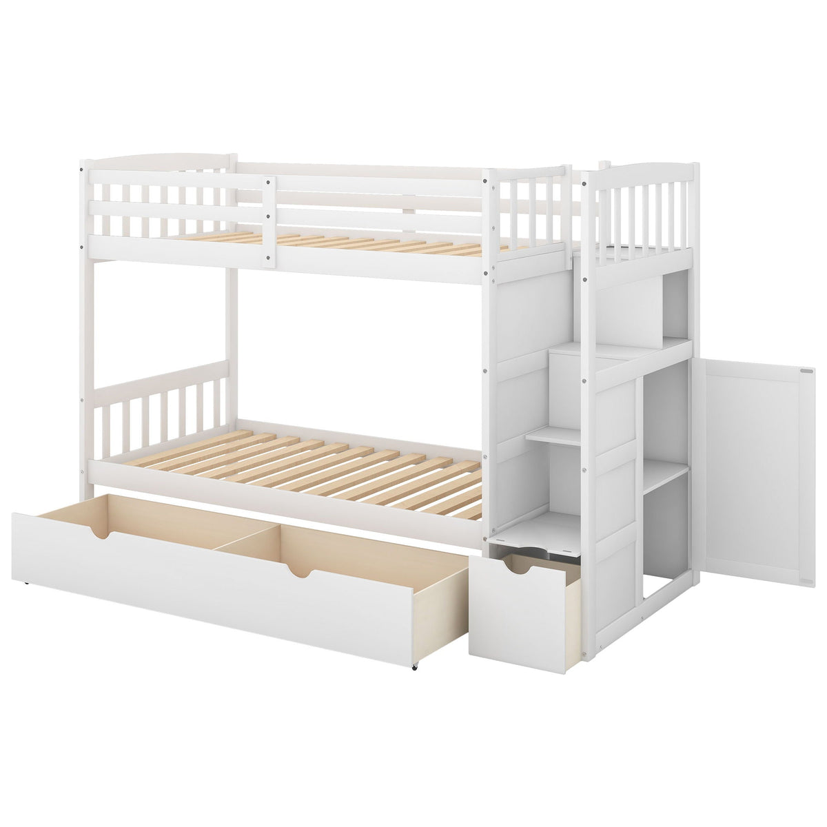 Bunk Bed with Convertible Bottom Bed, White, storage shelves and drawers by HouseOfZazla on Tampa Home & Garden Store