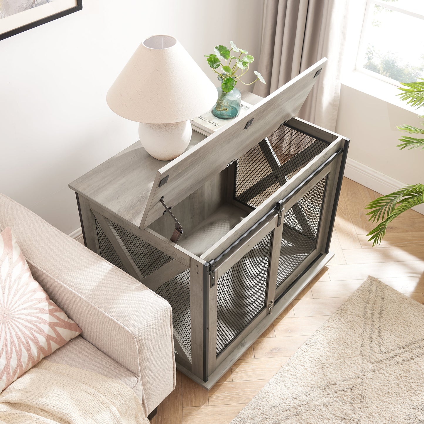 Farmhouse dog cage crate furniture by HouseOfZazla in weathered gray wood with sliding barn door on Tampa Home & Garden Store
