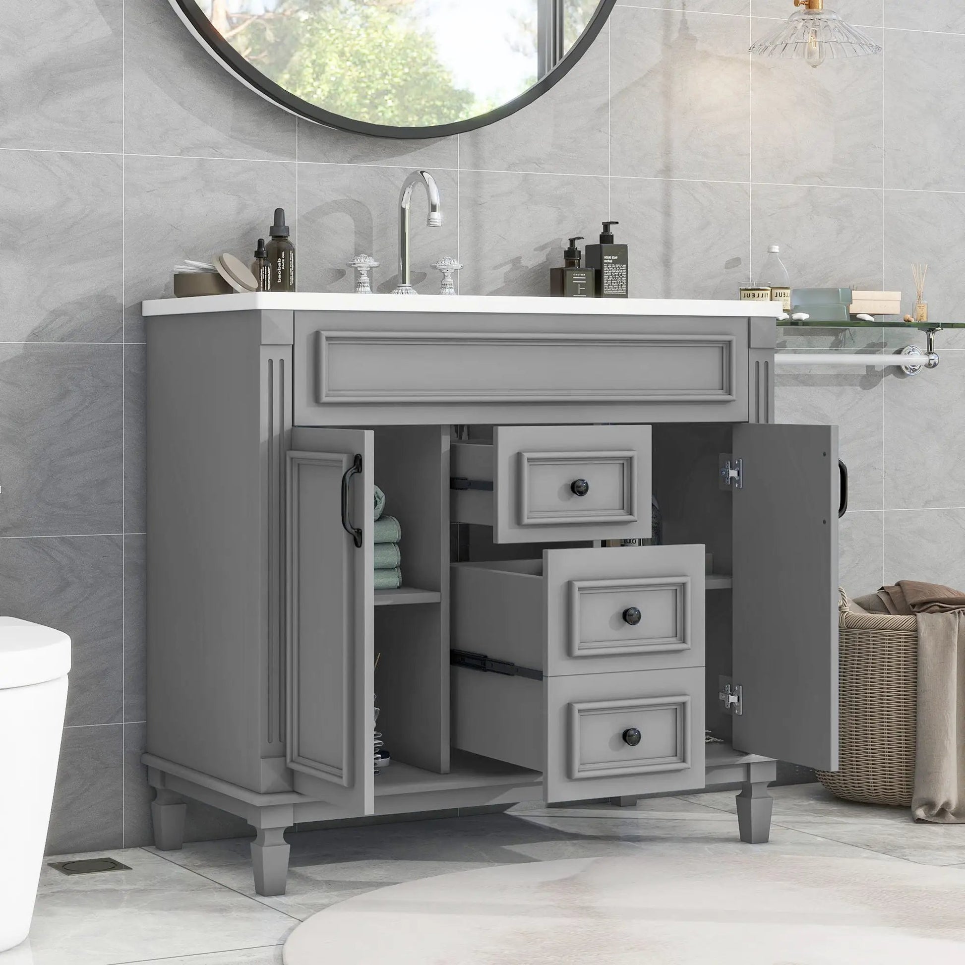 Bathroom vanity with top sink on gray cabinet, 2 soft-close doors and 2 drawers on Tampa Home & Garden Store