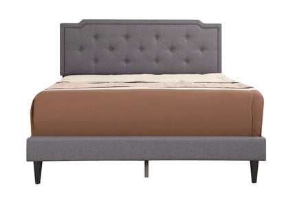 Button tufted upholstered bed in grey fabric with diamond tufting and tapered legs on Tampa Home & Garden Store