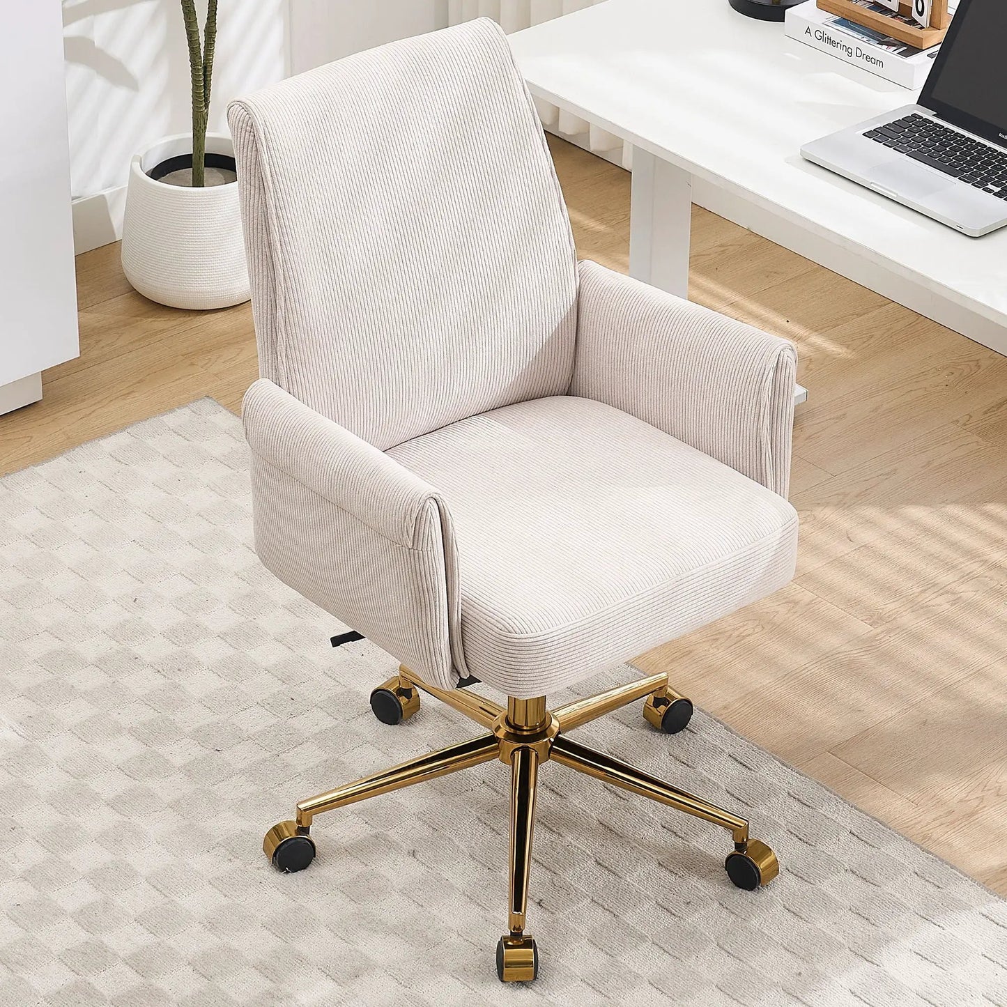 Ergonomic mid-back office chair with cream ribbed fabric and gold base on Tampa Home & Garden Store