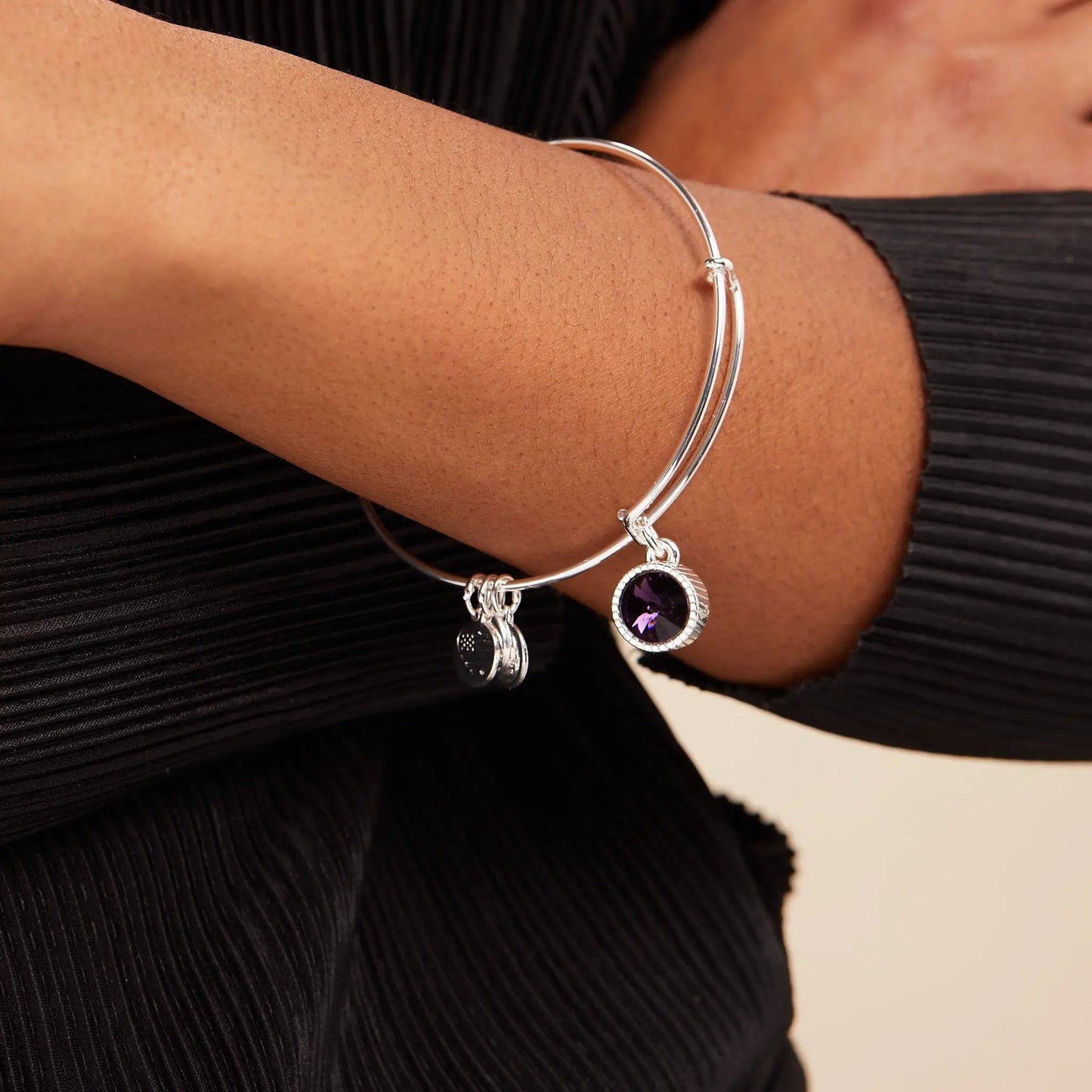 Bracelet February Birthstone Charm Bangle Amethyst silver with purple gemstone on Tampa Home & Garden Store