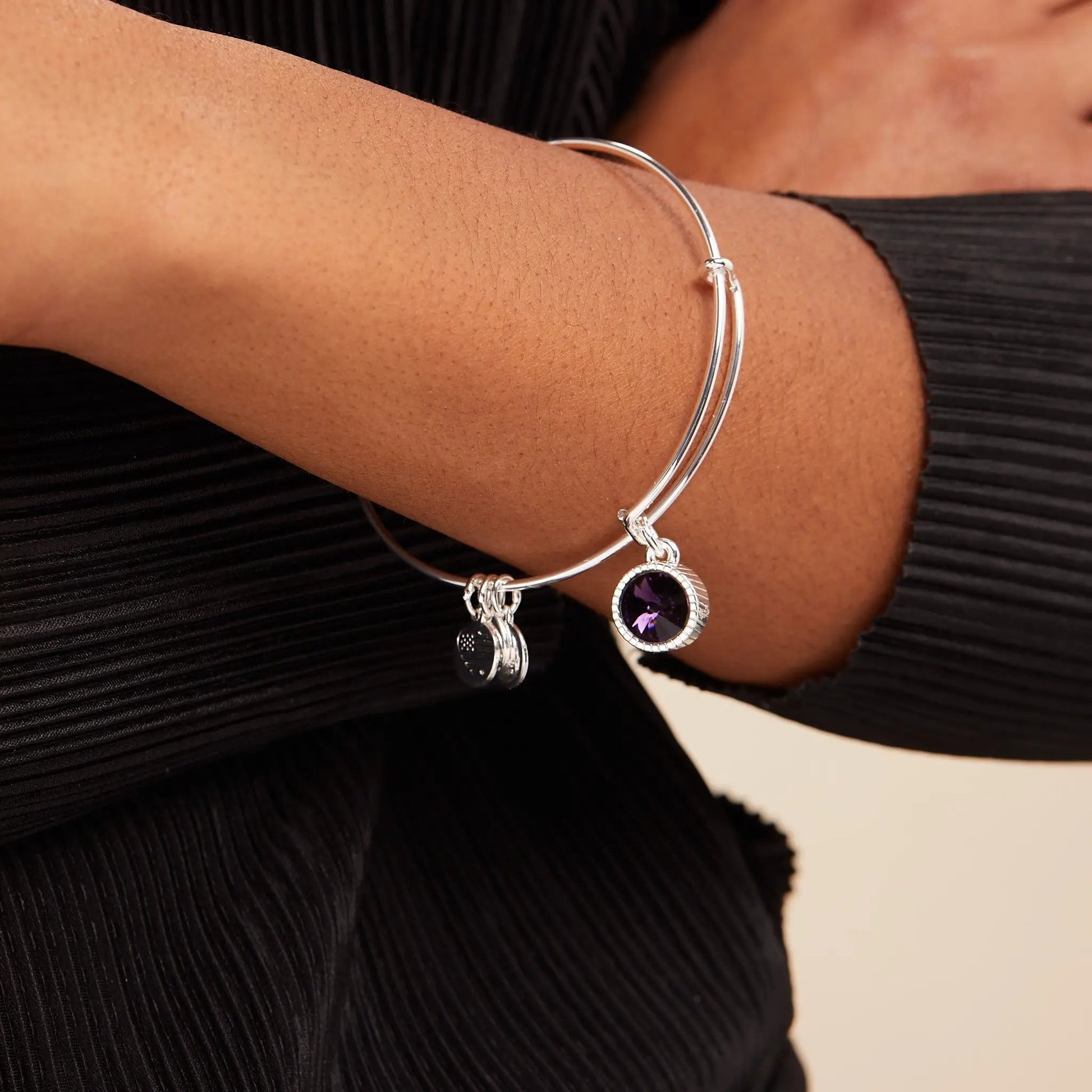 Bracelet February Birthstone Charm Bangle Amethyst silver with purple gemstone on Tampa Home & Garden Store