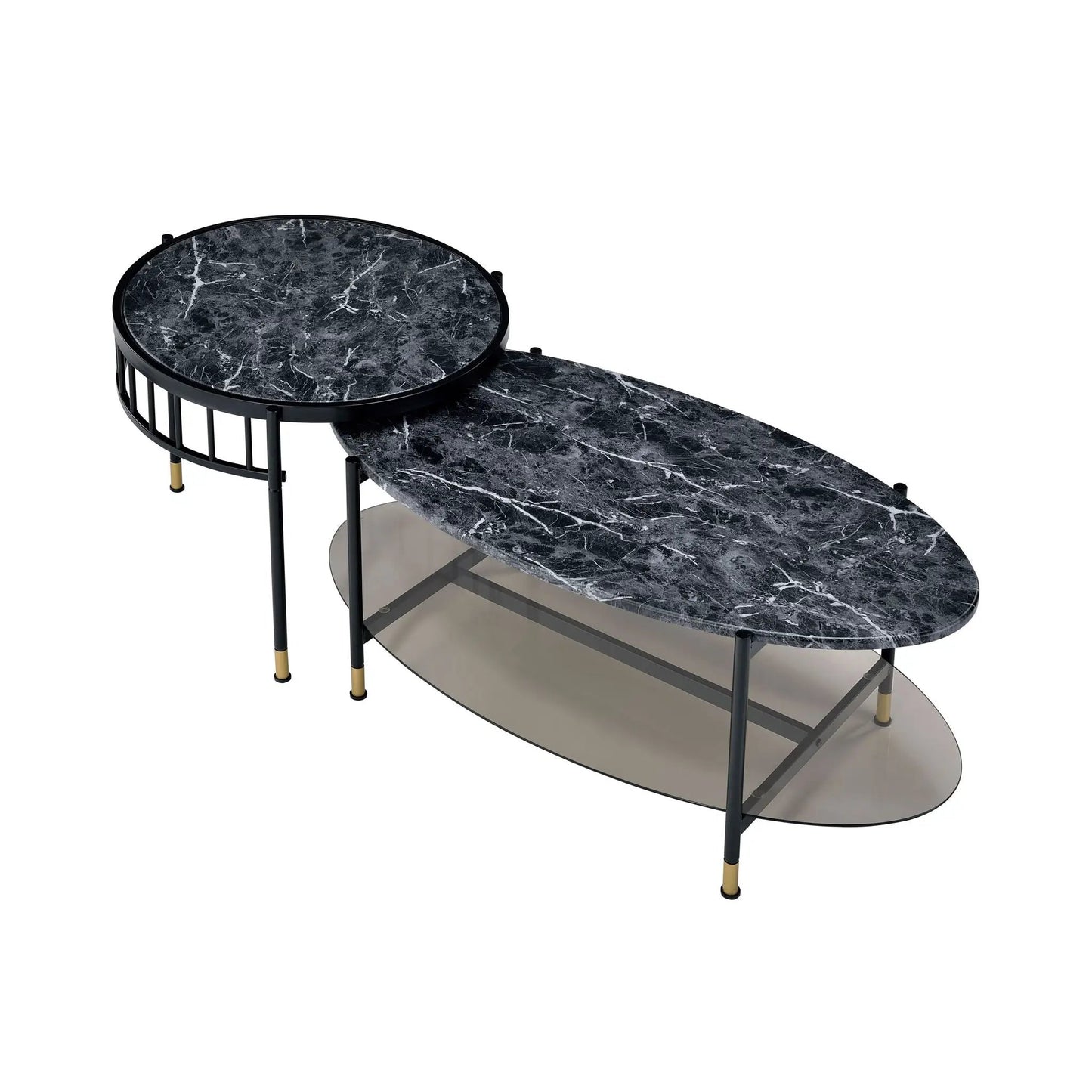 Silas Engineered Stone Top Nesting Tables, black marble top with black metal frame, 2-piece set on Tampa Home & Garden Store