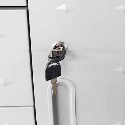 Sturdy metal tool storage cabinet lock with key, chrome padlock on cabinet door on Tampa Home & Garden Store