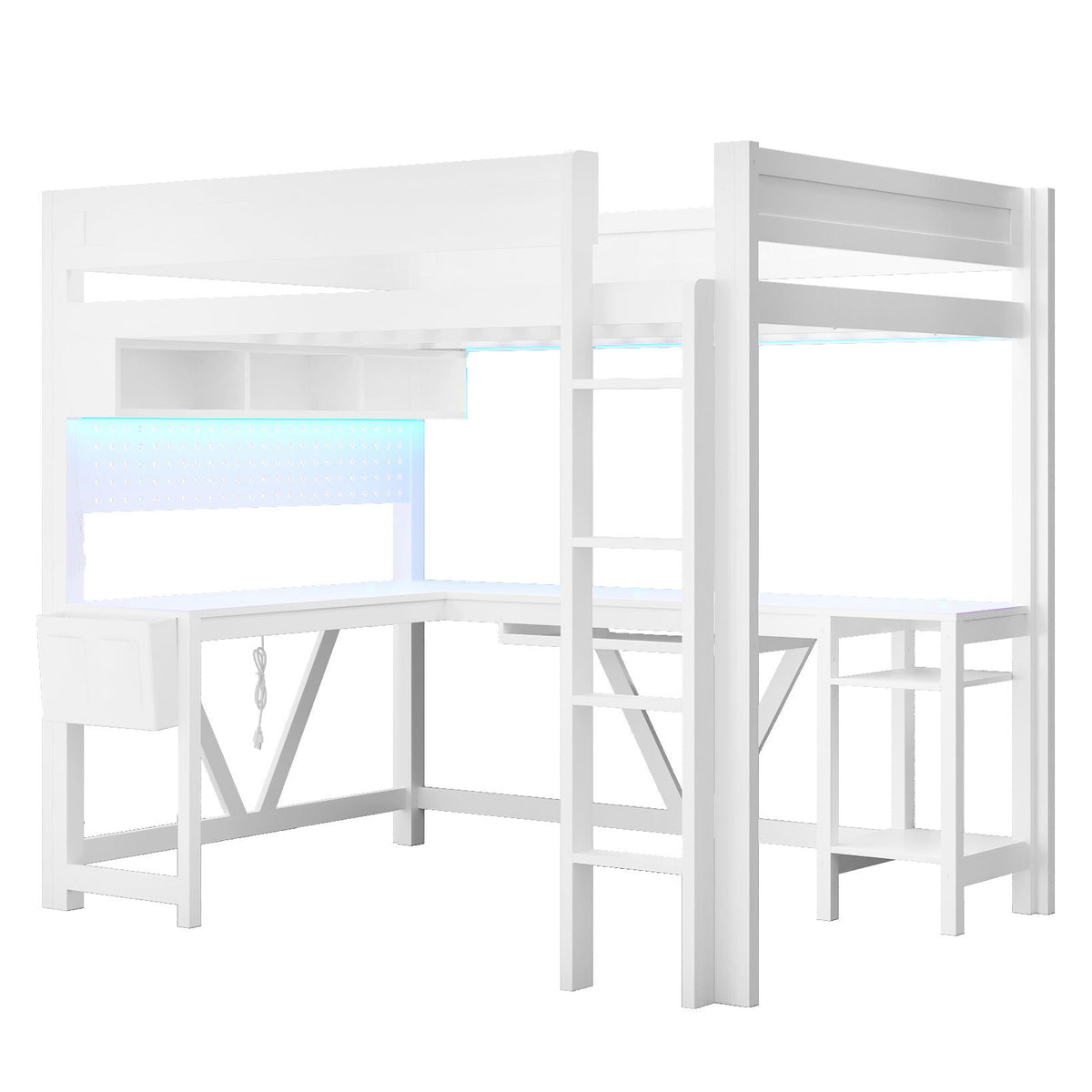 Gaming Loft Bed with Desk, Shelves, LED and Charging Station in white by HouseOfZazla on Tampa Home & Garden Store