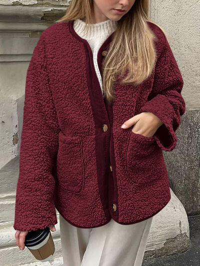 Stevvex burgundy sherpa jacket for women with front pockets and button closure on Tampa Home & Garden Store