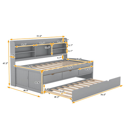 Captain Bed with built-in bookshelves and trundle, gray finish with 3 drawers, HouseOfZazla on Tampa Home & Garden Store