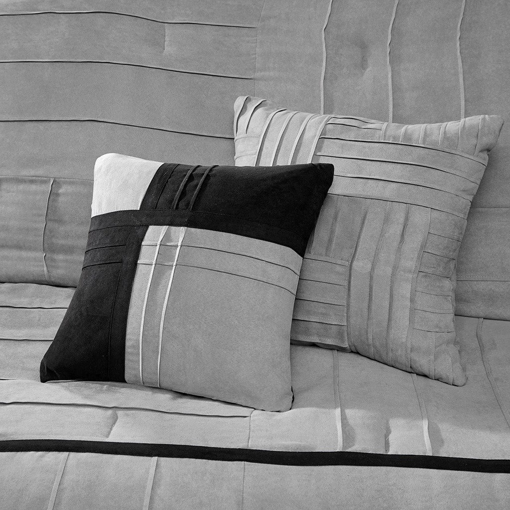 7 Piece Faux Suede Comforter Set Grey Queen by HouseOfZazla on bed with 3 striped pillows on Tampa Home & Garden Store