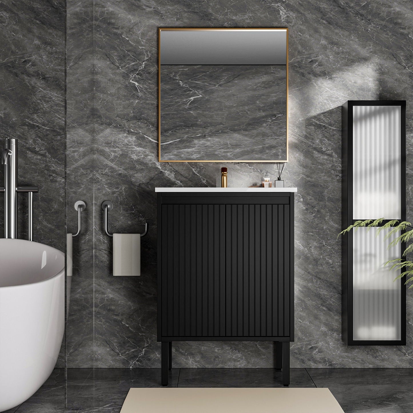 Bathroom vanity with ceramic sink, black cabinet, white countertop on Tampa Home & Garden Store
