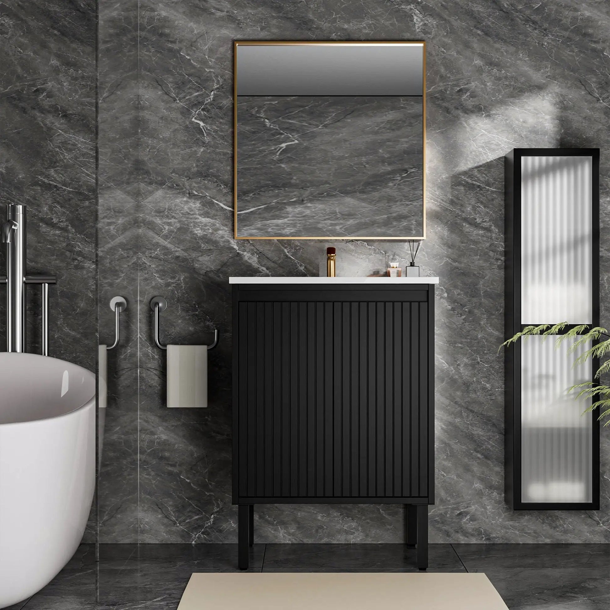 Bathroom vanity with ceramic sink, black cabinet, white countertop on Tampa Home & Garden Store