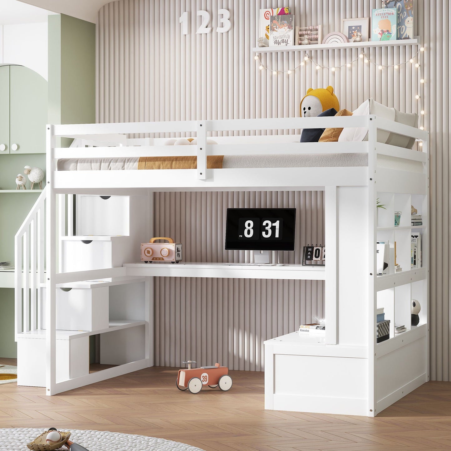 Full size white loft bed with desk and shelves, storage staircase with 2 built-in drawers on Tampa Home & Garden Store