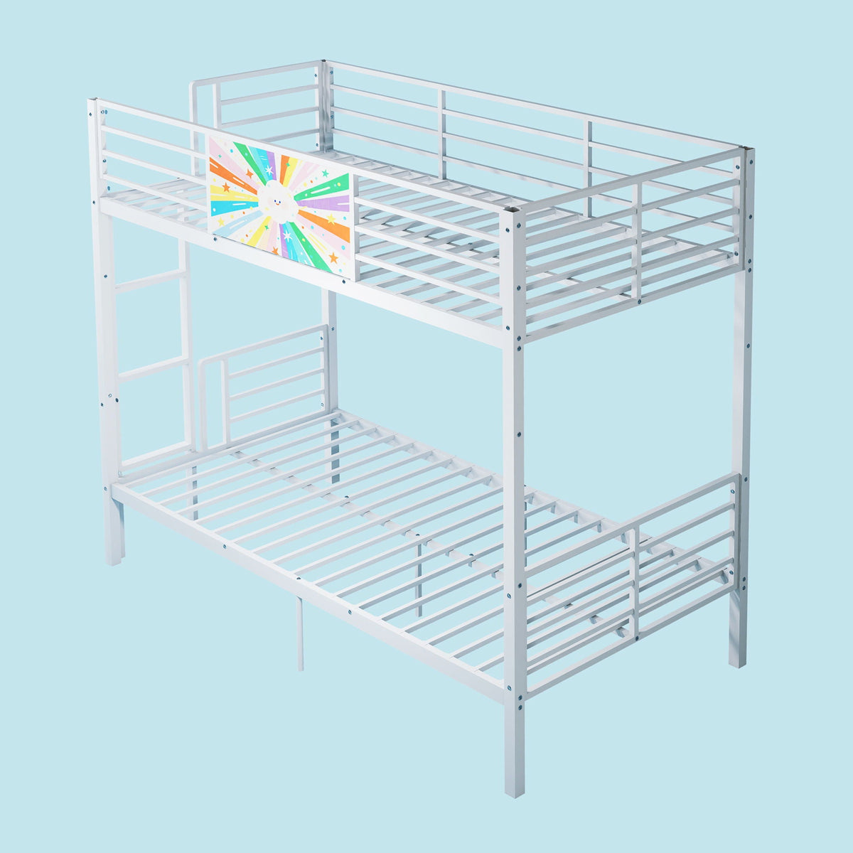Bunk bed white metal frame converts to two twin beds with guardrails and ladder sunburst panel on Tampa Home & Garden Store
