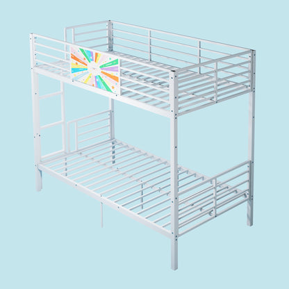 Bunk bed white metal frame converts to two twin beds with guardrails and ladder sunburst panel on Tampa Home & Garden Store
