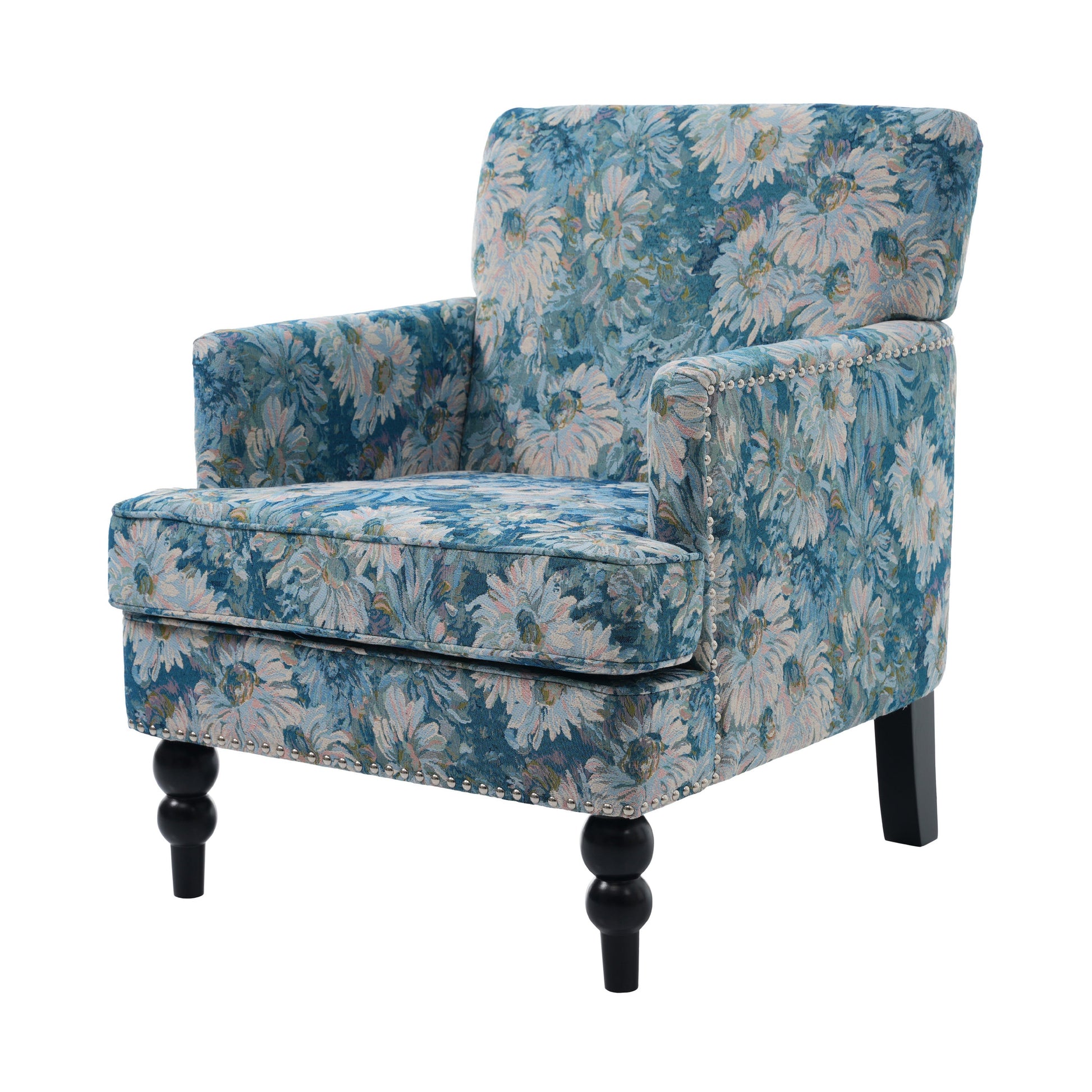 Harrison Tufted Club Chair in blue floral upholstery with nailhead trim and legs HouseOfZazla on Tampa Home & Garden Store