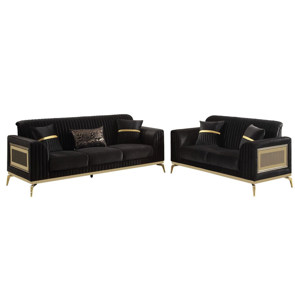 Antigua 2 Piece Living Room Set in black velvet with gold metal legs by HouseOfZazla on Tampa Home & Garden Store