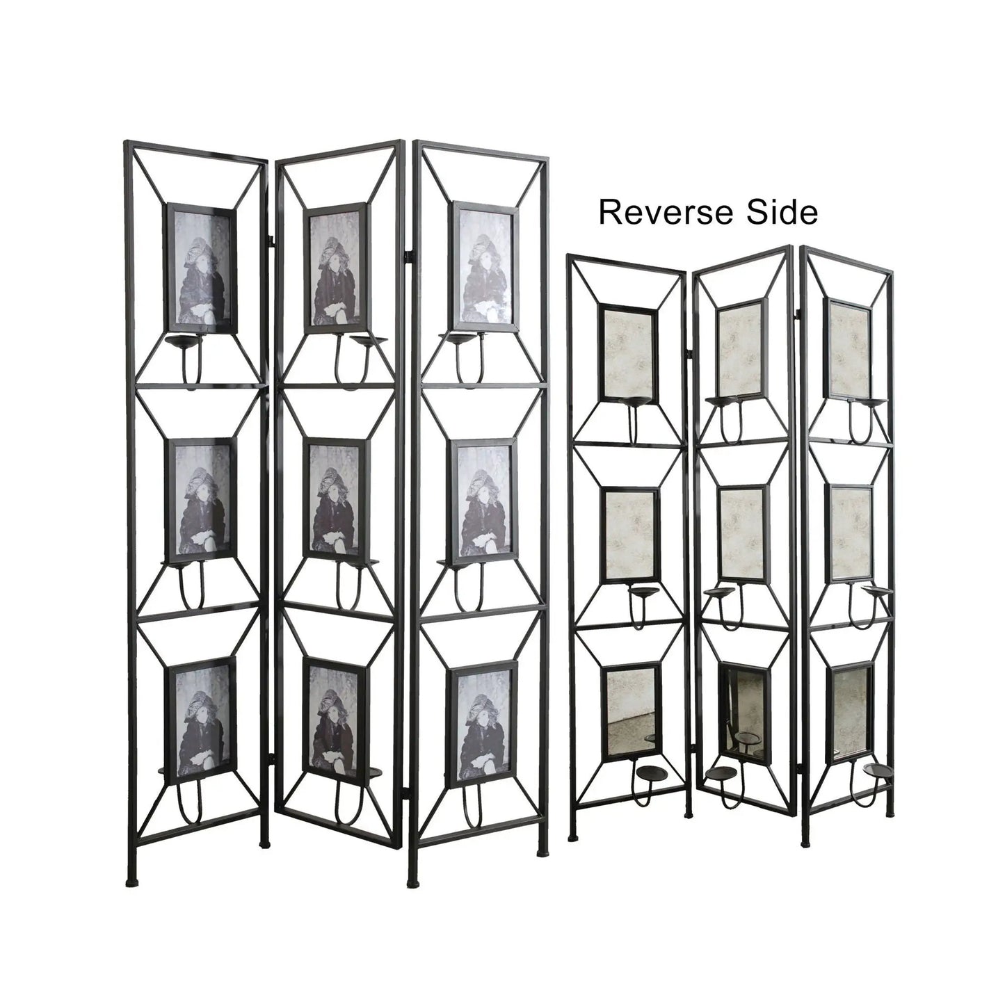 Black metal 3-panel room divider with photo frames and candle sticks by Unique Piece Furniture on Tampa Home & Garden Store