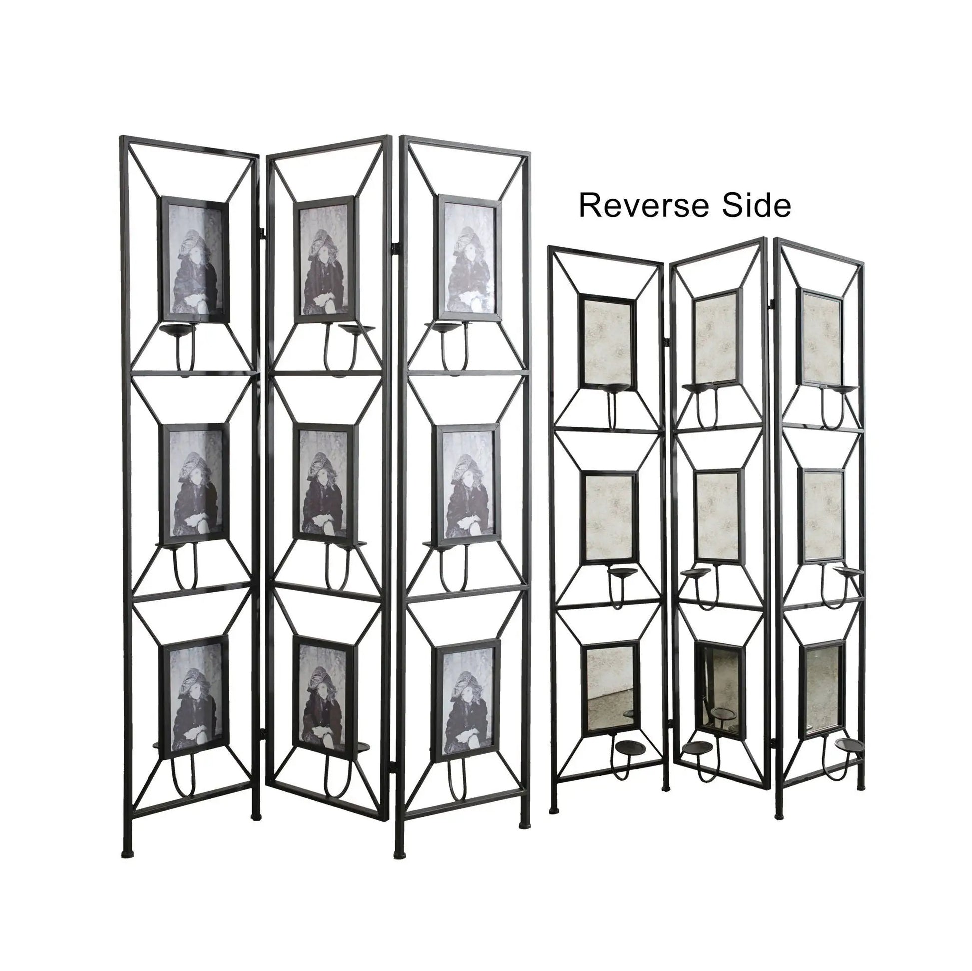 Black metal 3-panel room divider with photo frames and candle sticks by Unique Piece Furniture on Tampa Home & Garden Store