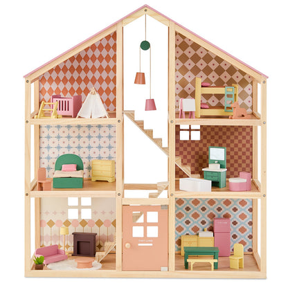 Tiny Land Sweetwood Dollhouse without Dolls by Tiny Land INC, wooden two-level with pastel walls on Tampa Home & Garden Store