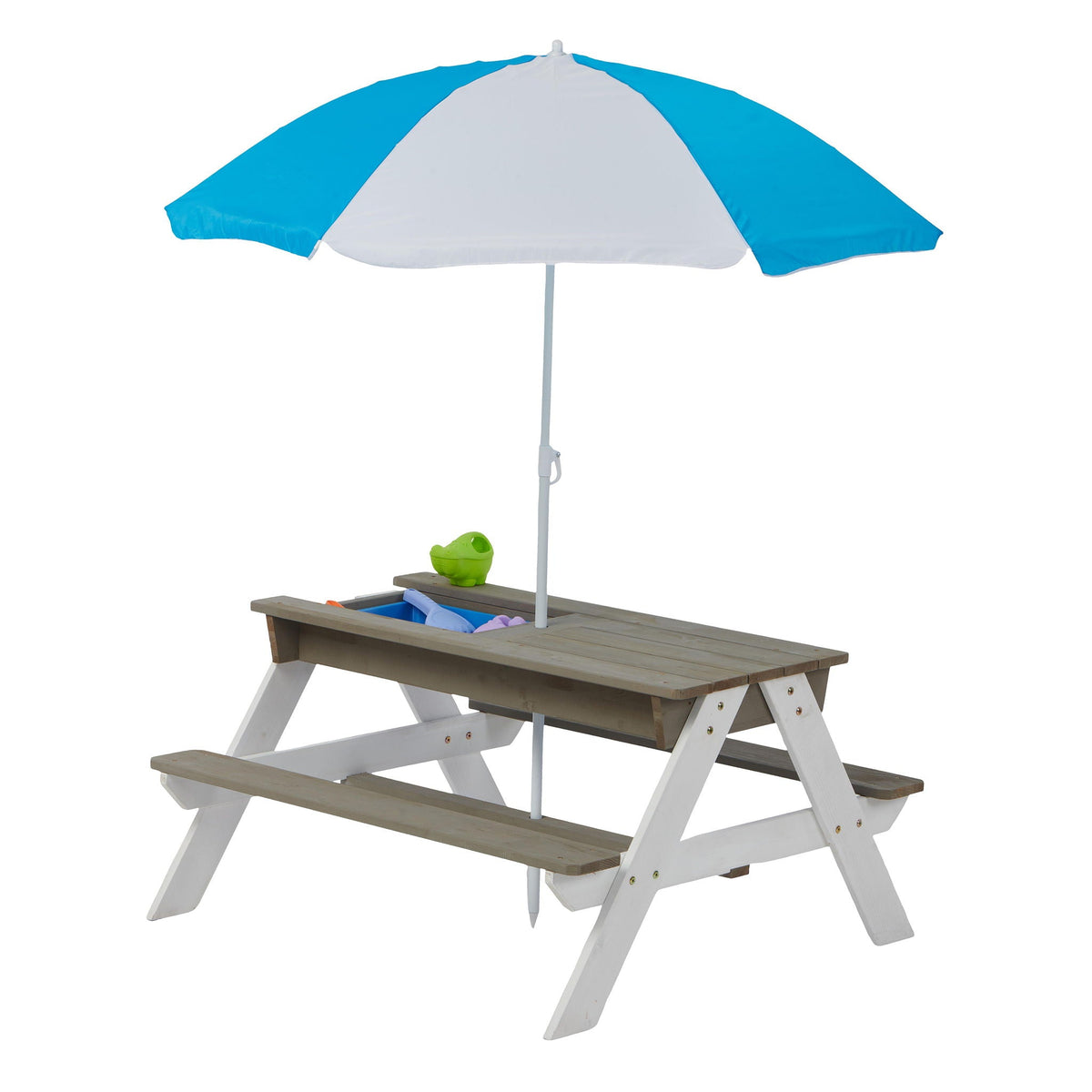 Kids cedar picnic table with sand/water play area, white legs and blue umbrella on Tampa Home & Garden Store