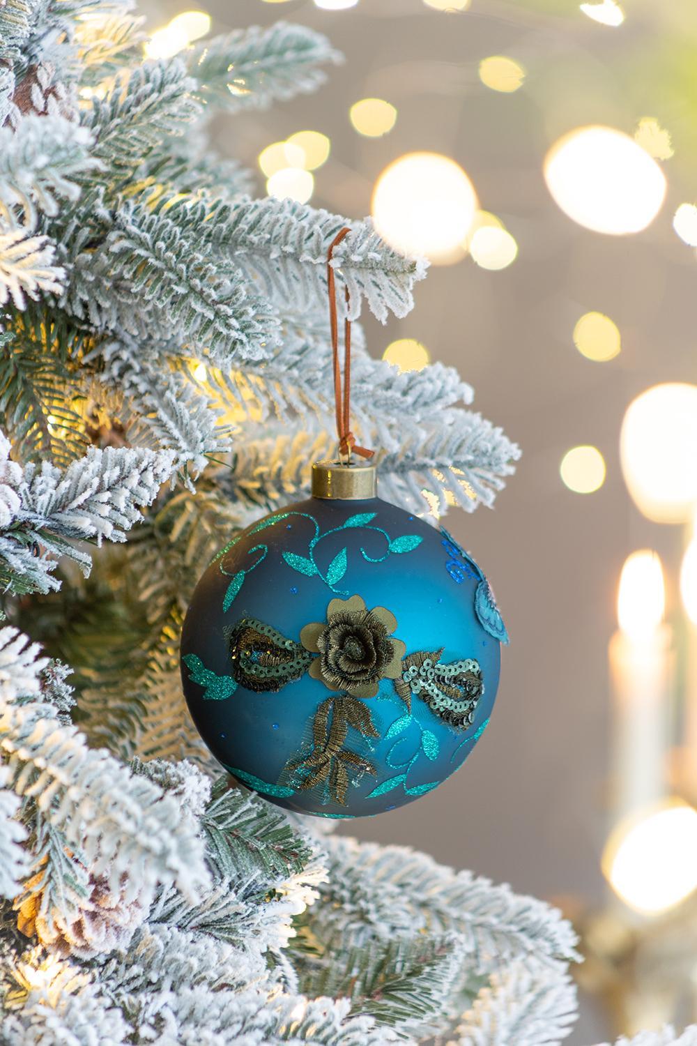 Glass Christmas Ball Ornament light blue with teal floral pattern, gold cap HouseOfZazla on Tampa Home & Garden Store