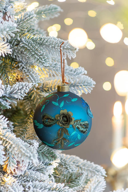 Glass Christmas Ball Ornament light blue with teal floral pattern, gold cap HouseOfZazla on Tampa Home & Garden Store