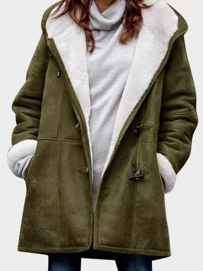Full Size Pocketed Long Sleeve Hooded Toggle Jacket olive green with white sherpa lining Stevvex on Tampa Home & Garden Store