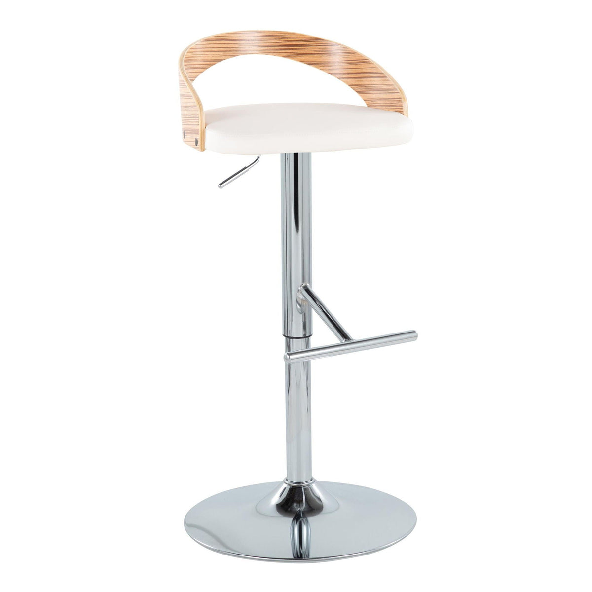 Contemporary barstool with swivel, white cushion, chrome base, light brown wood back on Tampa Home & Garden Store