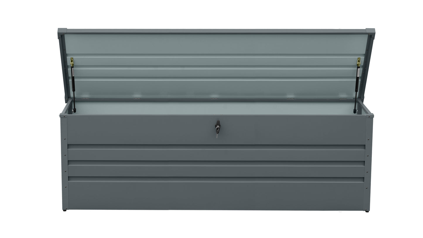260 Gallon metal outdoor deck box by HouseOfZazla, gray steel with open lid and gas struts on Tampa Home & Garden Store