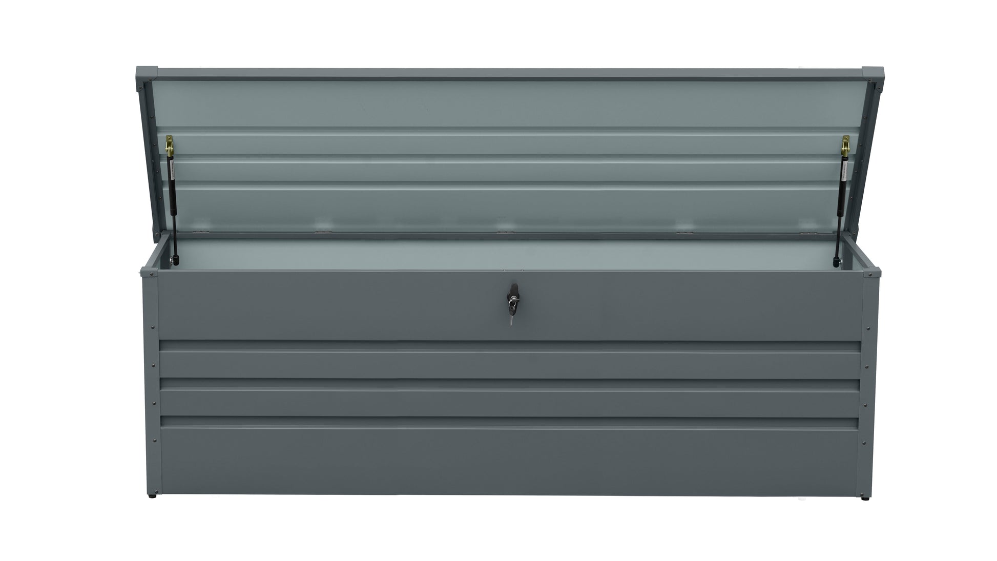 260 Gallon metal outdoor deck box by HouseOfZazla, gray steel with open lid and gas struts on Tampa Home & Garden Store
