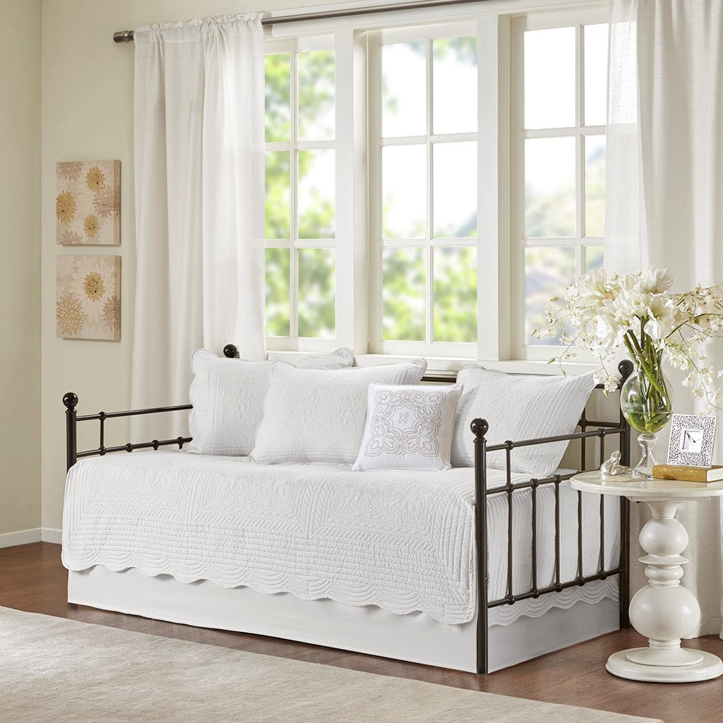 6-Piece Reversible Scalloped Daybed Cover Set white quilted with scalloped edge on metal daybed on Tampa Home & Garden Store