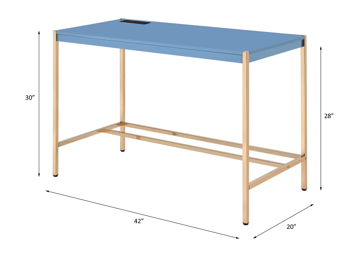 Midriaks Writing Desk with USB, blue glass top and gold metal frame HouseOfZazla on Tampa Home & Garden Store