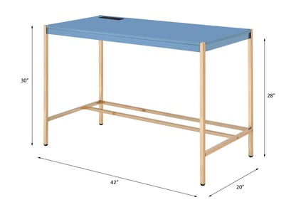 Midriaks Writing Desk with USB, blue glass top and gold metal frame HouseOfZazla on Tampa Home & Garden Store
