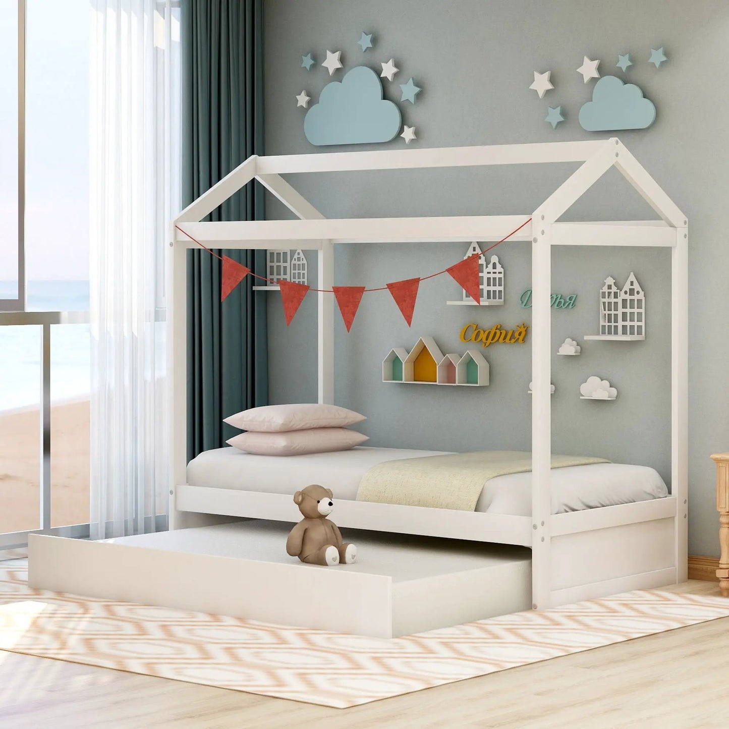 House Bed With Trundle In Twin Size White