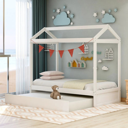 House Bed With Trundle In Twin Size White